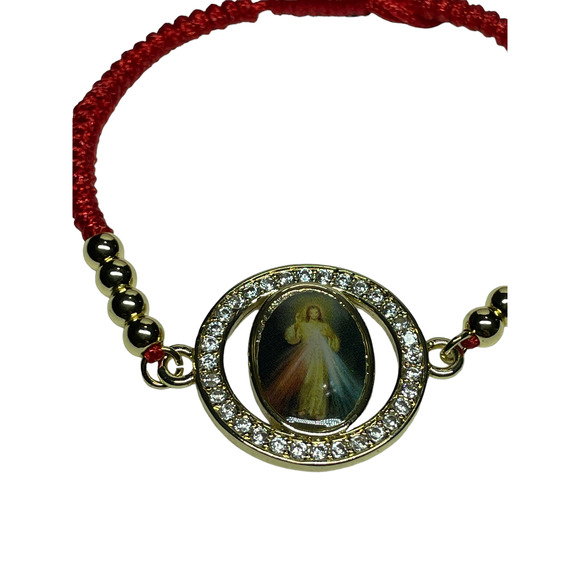 Devine Mercy Jesus Knotted Red Rope Gold Plated Bracelet Adjustable Handmade NEW - Picture 3 of 3